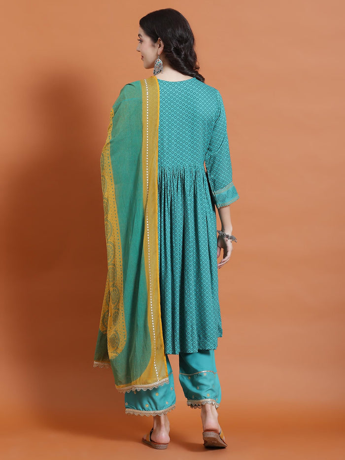 Women Teal Geometric Print Kurta Comfort Pant Dupatta.