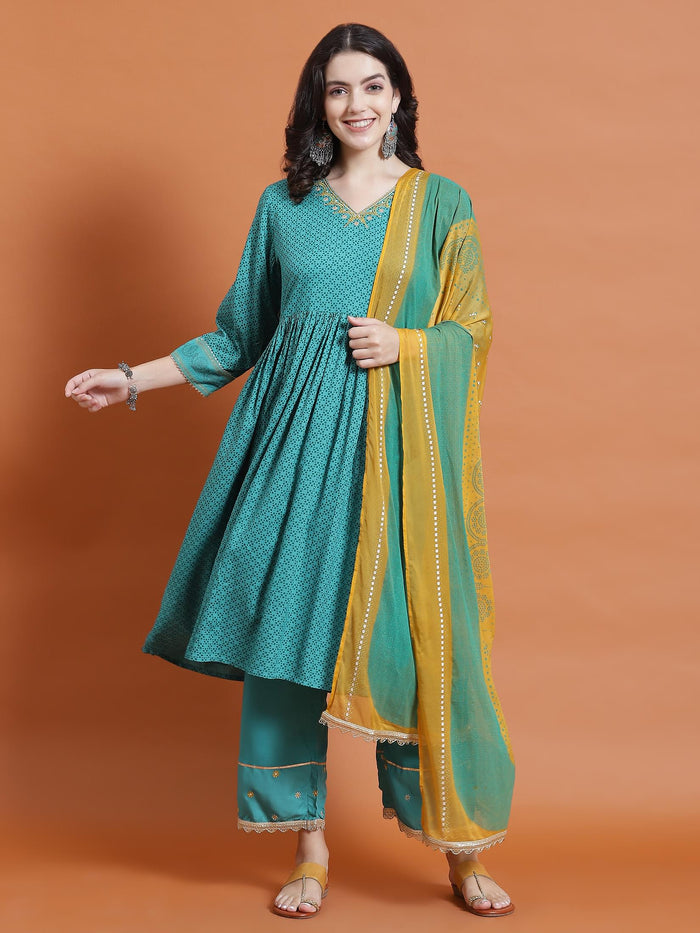 Women Teal Geometric Print Kurta Comfort Pant Dupatta.