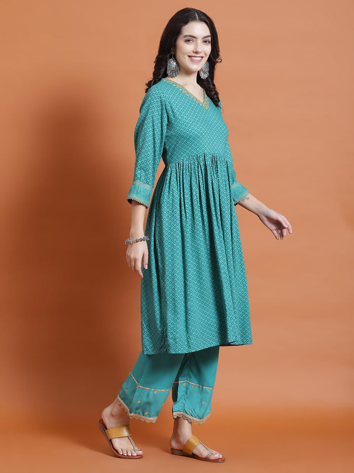 Women Teal Geometric Print Kurta Comfort Pant Dupatta.