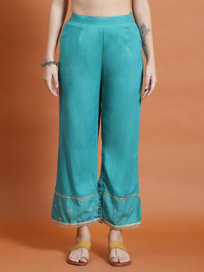 Women Teal Geometric Print Kurta Comfort Pant Dupatta.