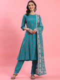 Women Teal Geometric Printed Kurta Trouser Dupatta.