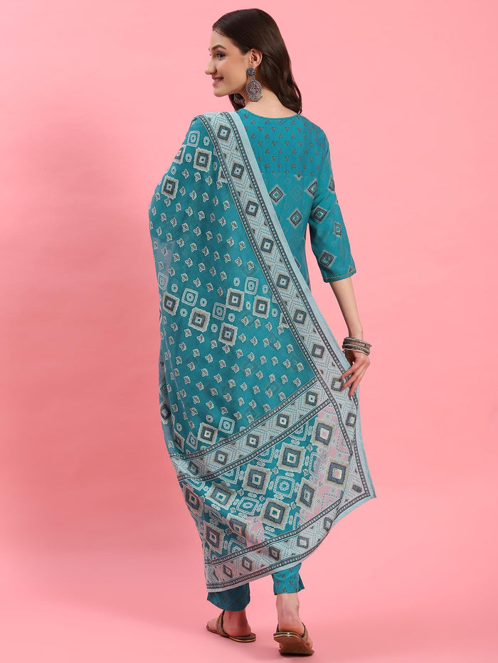 Women Teal Geometric Printed Kurta Trouser Dupatta.