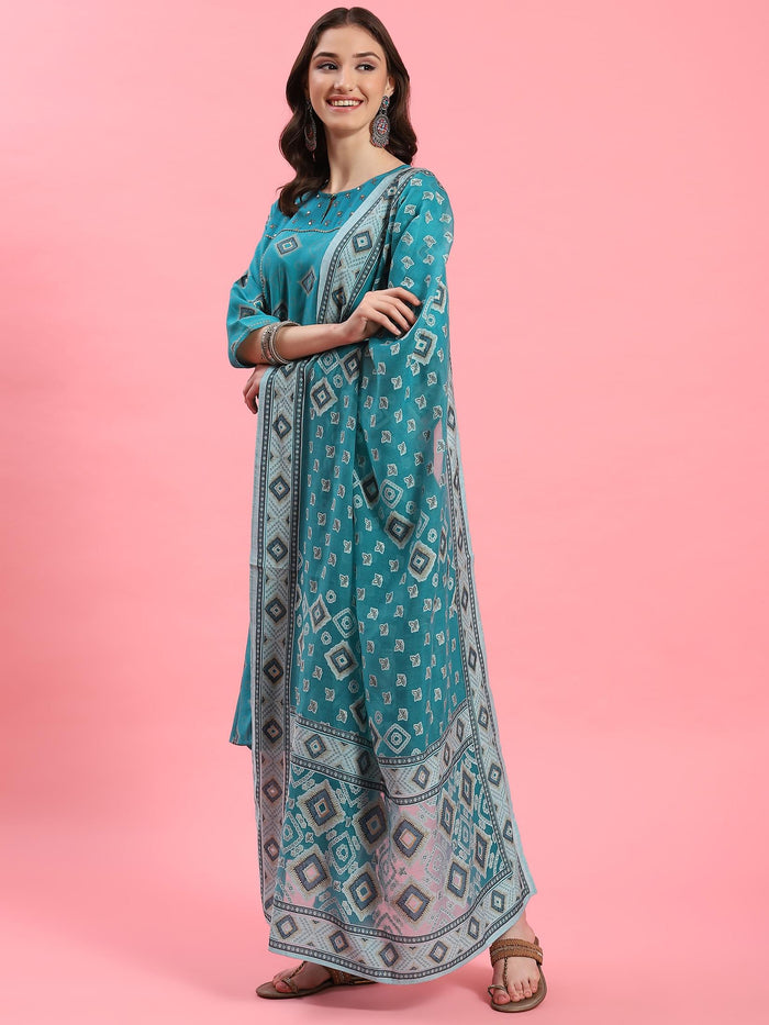 Women Teal Geometric Printed Kurta Trouser Dupatta.