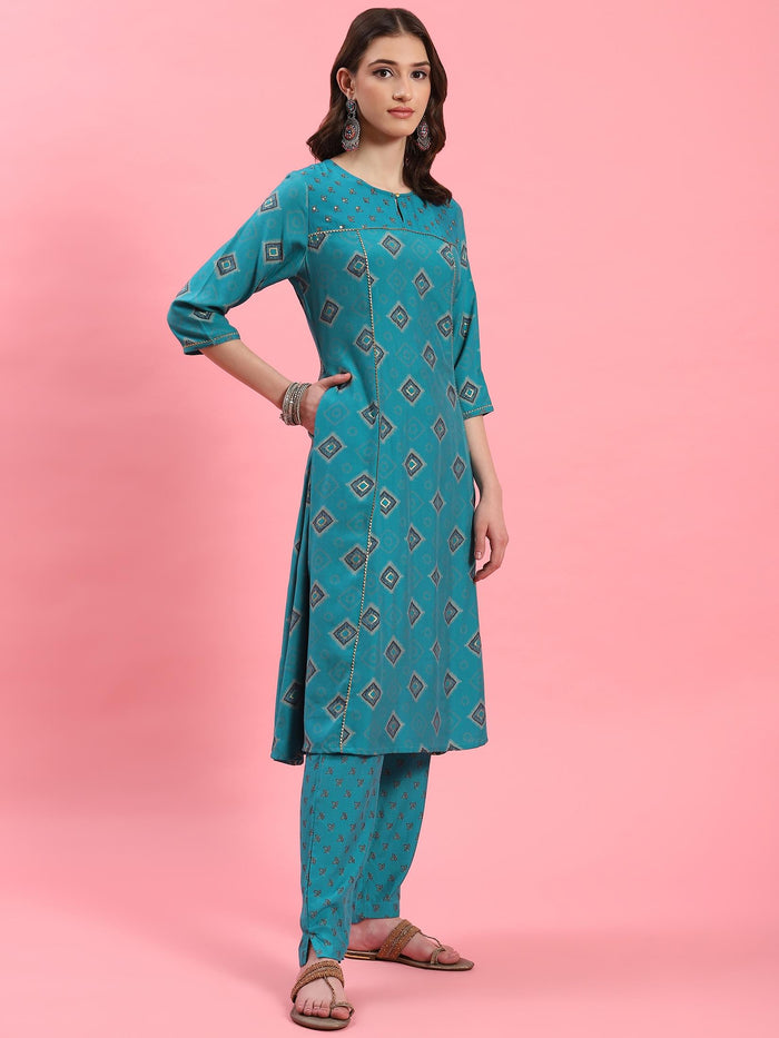Women Teal Geometric Printed Kurta Trouser Dupatta.