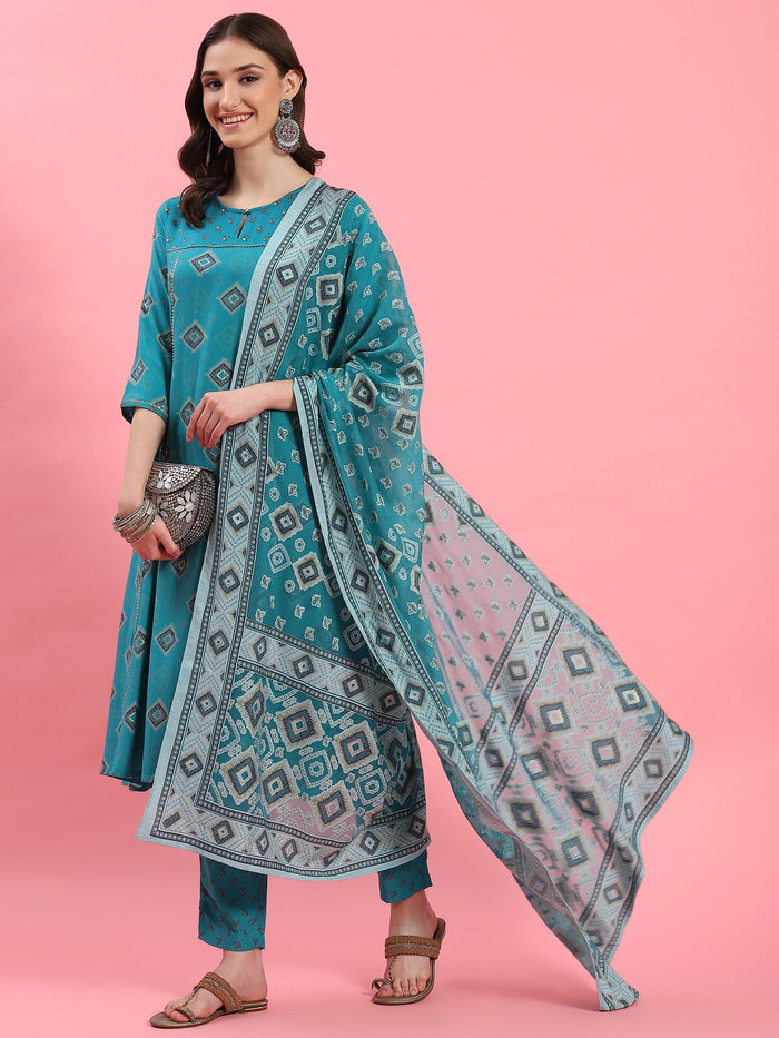 Women Teal Geometric Printed Kurta Trouser Dupatta.