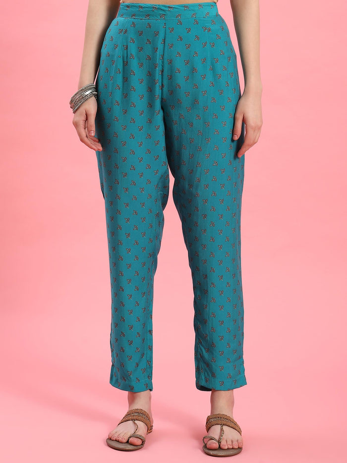 Women Teal Geometric Printed Kurta Trouser Dupatta.