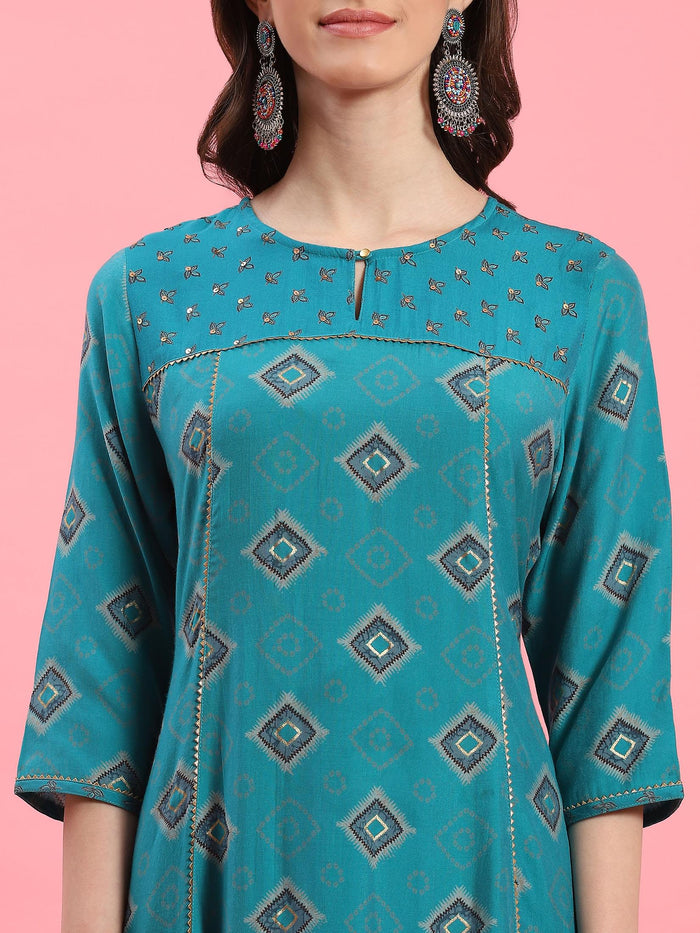 Women Teal Geometric Printed Kurta Trouser Dupatta.