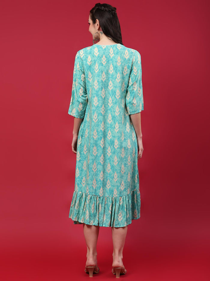 Women Teal Ikat Printed Dress.