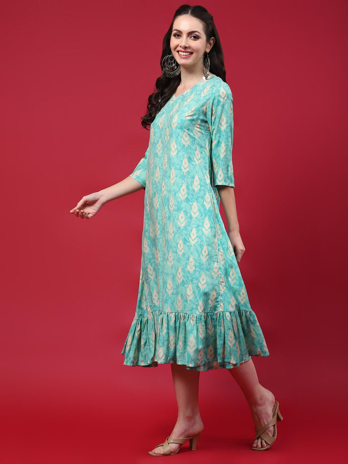 Women Teal Ikat Printed Dress.