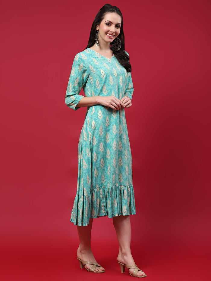 Women Teal Ikat Printed Dress.