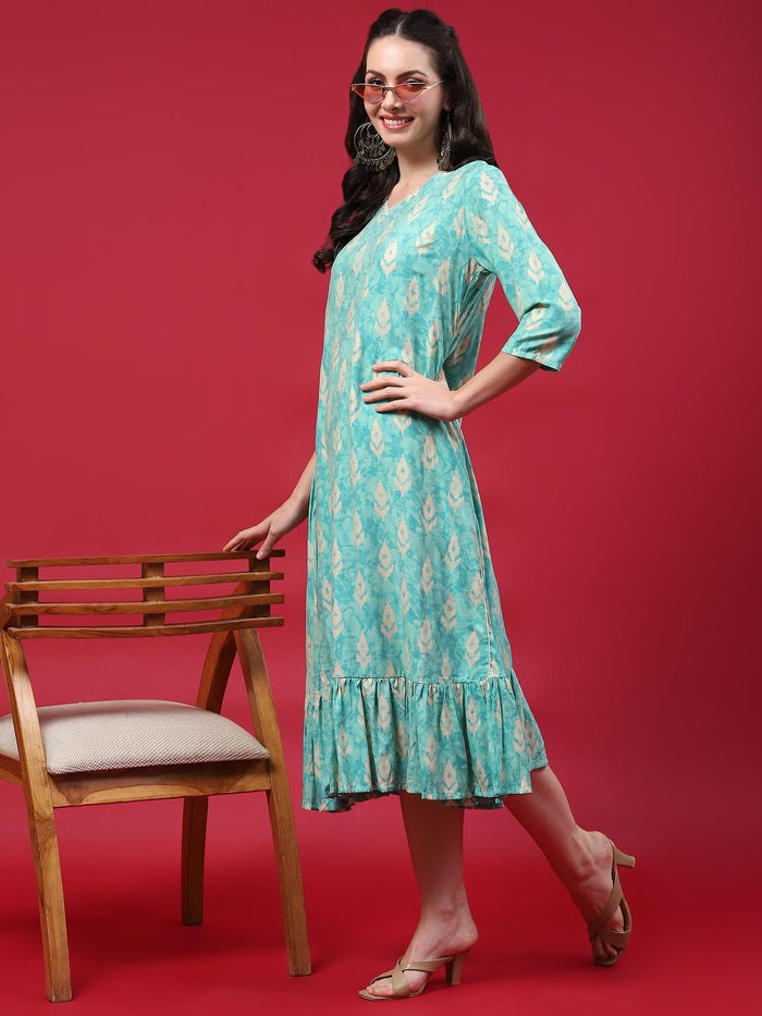 Women Teal Ikat Printed Dress.