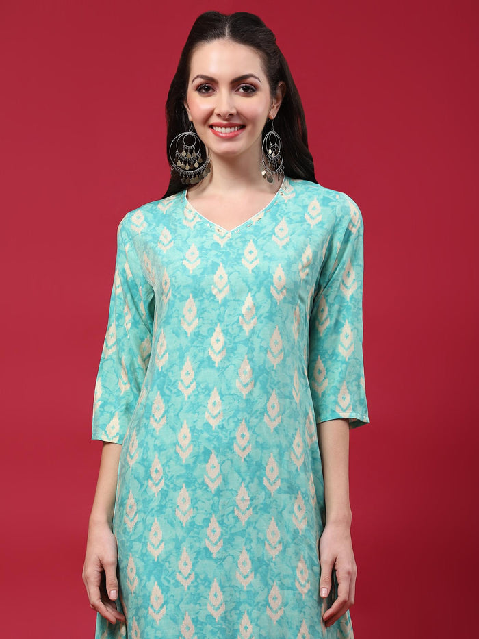 Women Teal Ikat Printed Dress.