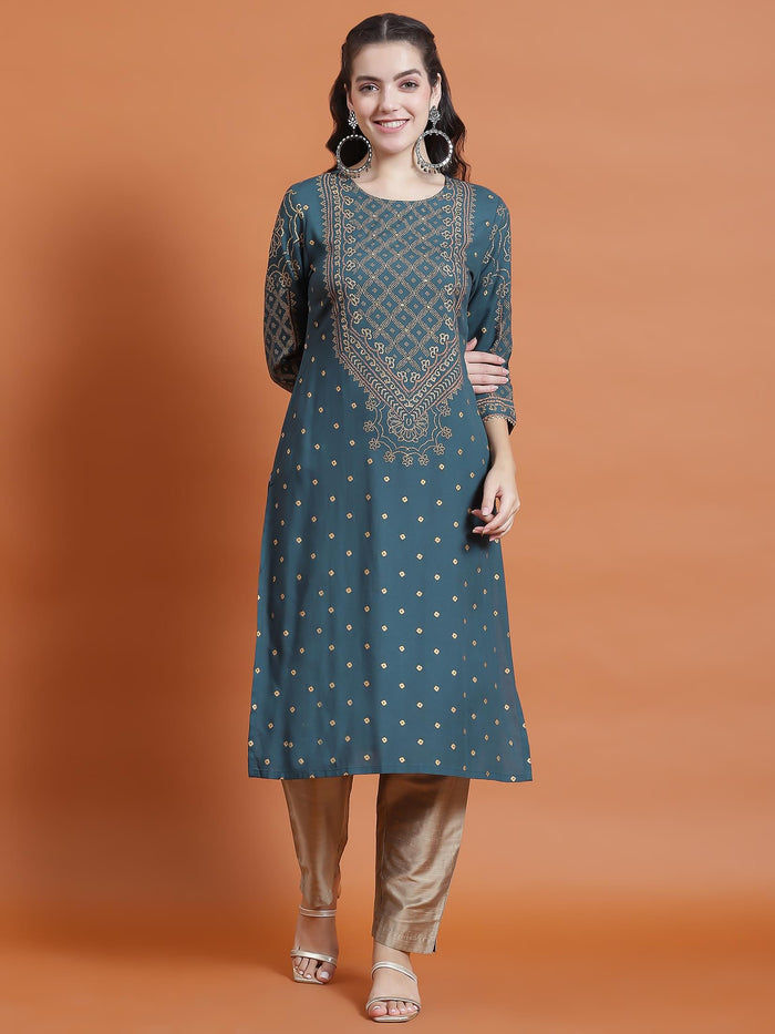 Women Teal Ornamental Print Kurta.