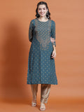 Women Teal Ornamental Print Kurta.