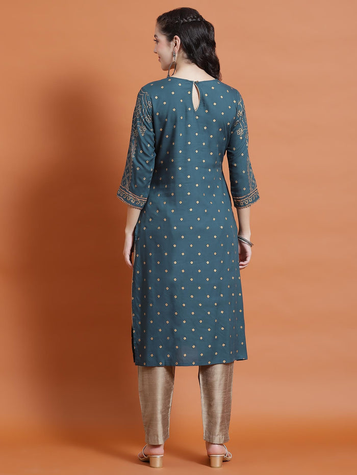 Women Teal Ornamental Print Kurta.