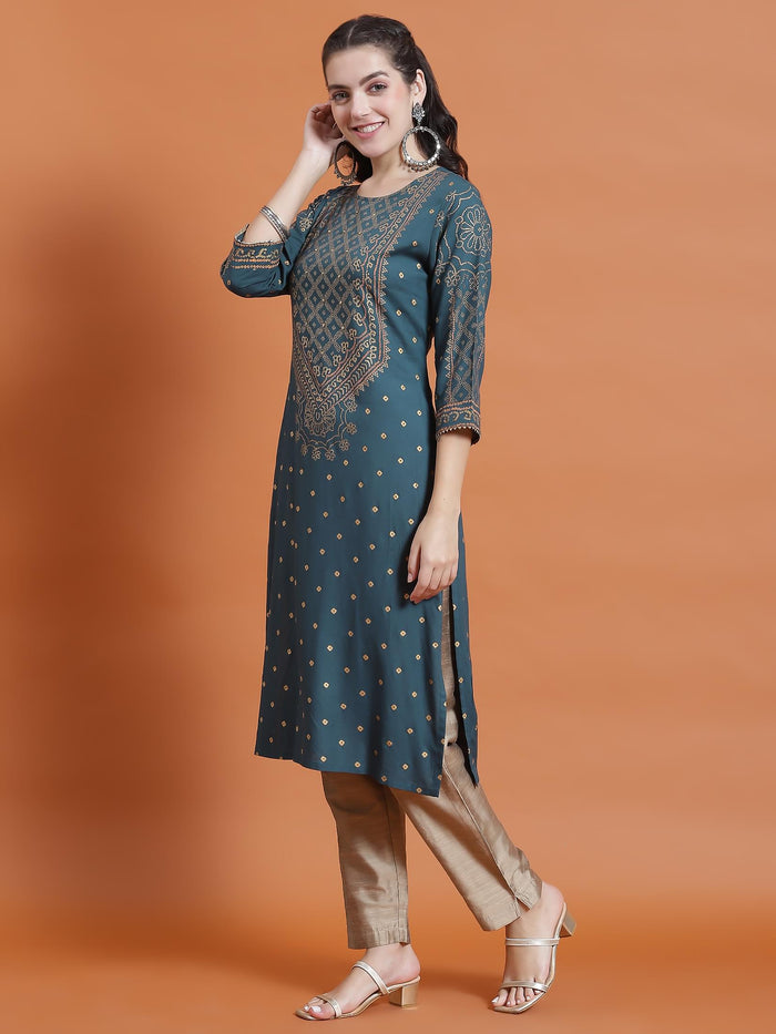 Women Teal Ornamental Print Kurta.