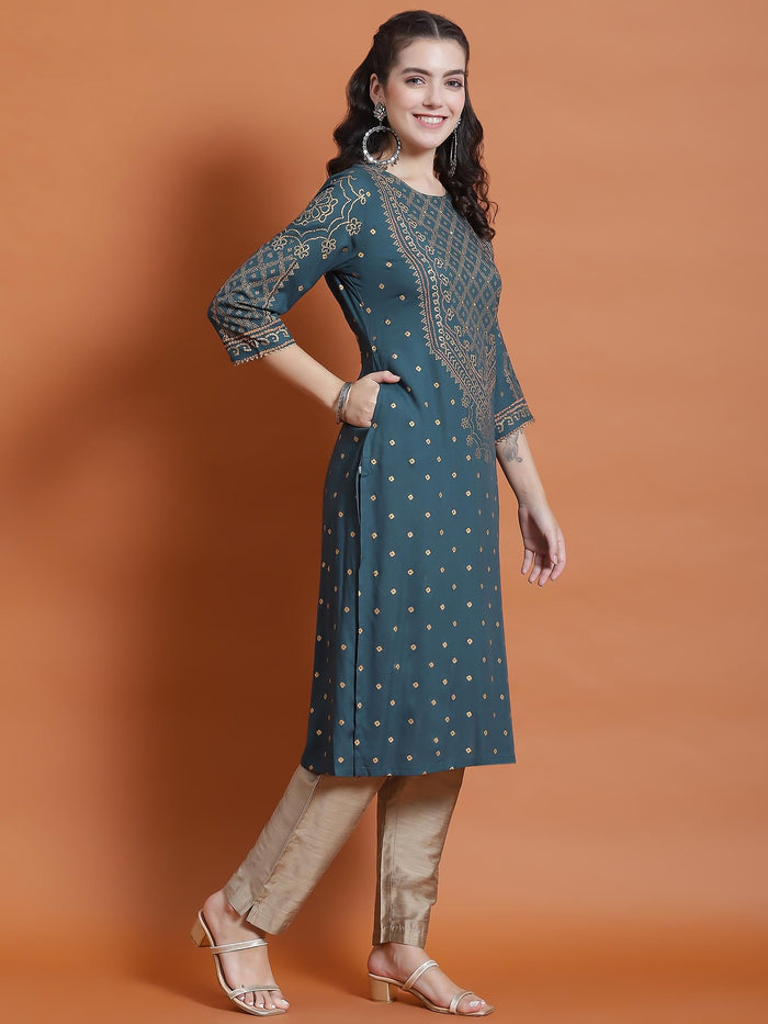 Women Teal Ornamental Print Kurta.