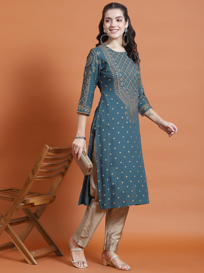 Women Teal Ornamental Print Kurta.