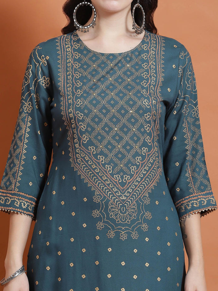Women Teal Ornamental Print Kurta.