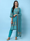 Women Teal Ornamental Printed Kurta Trouser Dupatta.