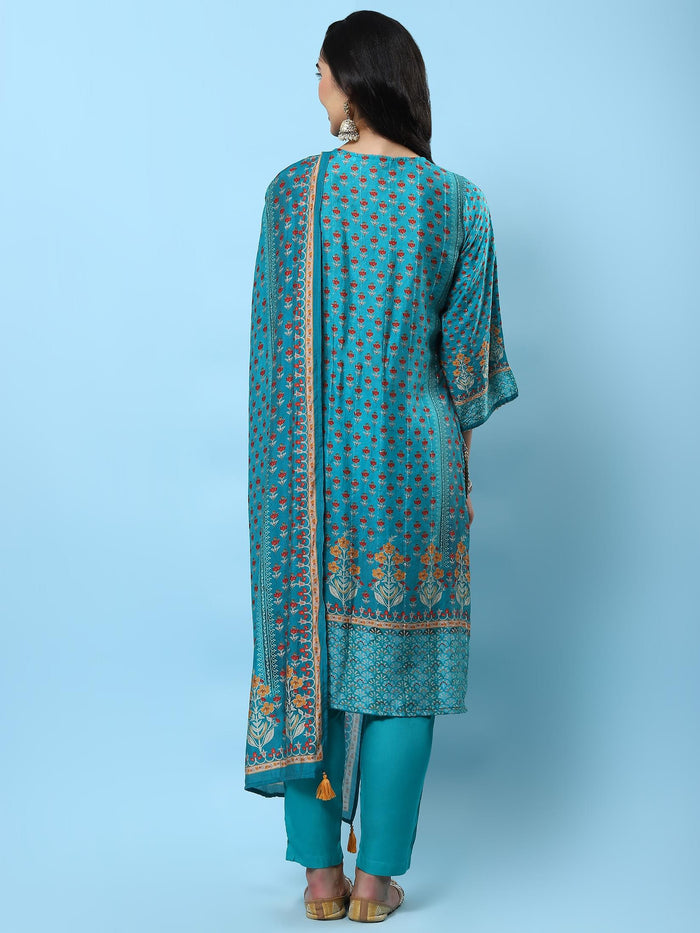 Women Teal Ornamental Printed Kurta Trouser Dupatta.