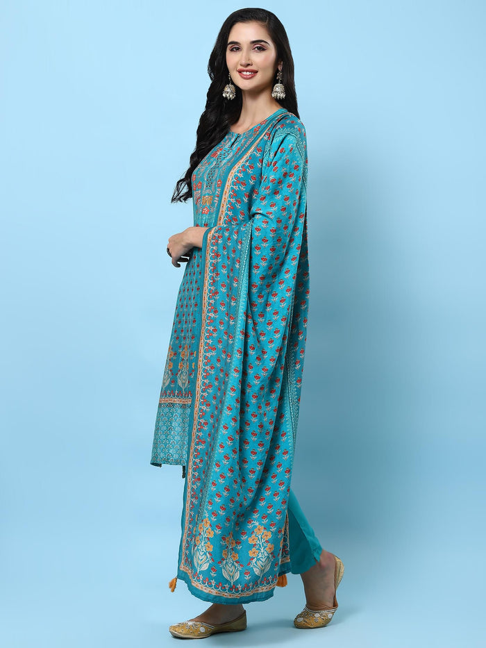 Women Teal Ornamental Printed Kurta Trouser Dupatta.