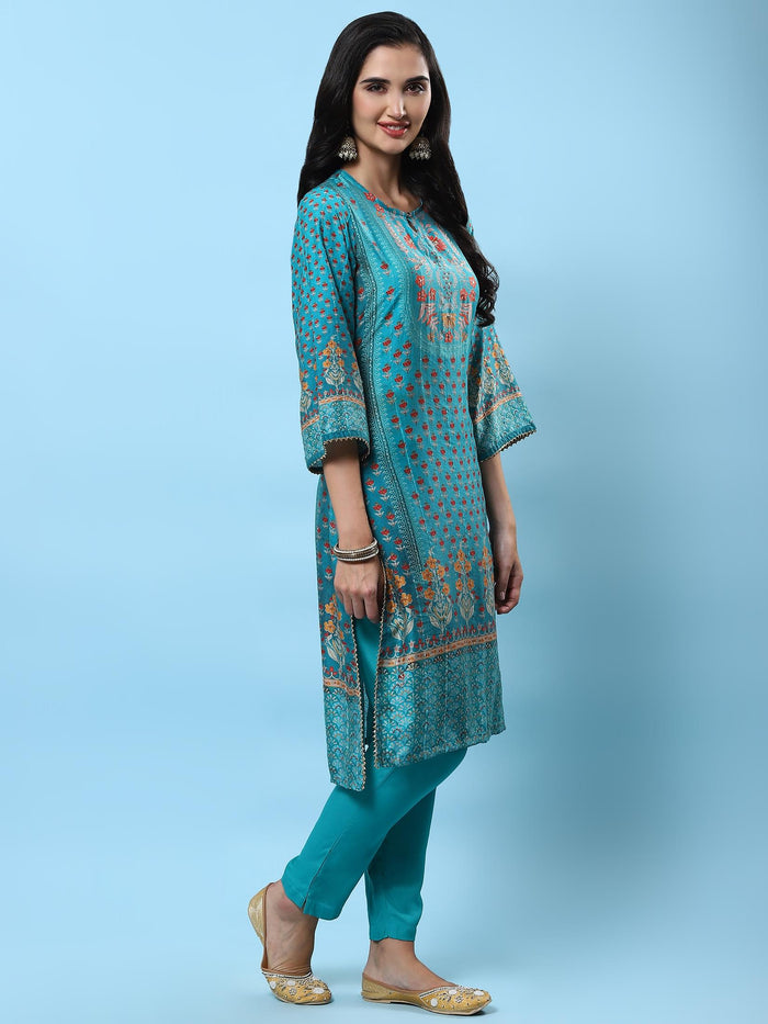 Women Teal Ornamental Printed Kurta Trouser Dupatta.