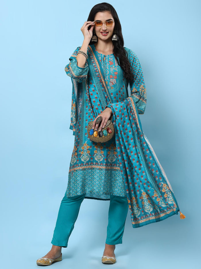 Women Teal Ornamental Printed Kurta Trouser Dupatta.