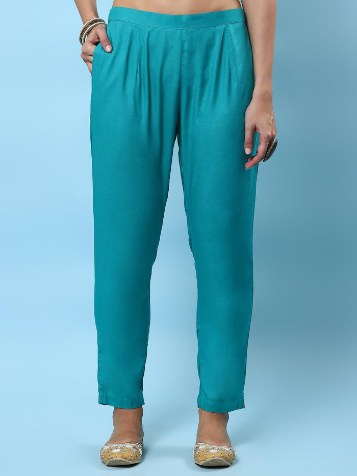 Women Teal Ornamental Printed Kurta Trouser Dupatta.