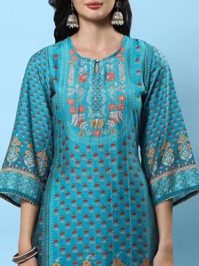 Women Teal Ornamental Printed Kurta Trouser Dupatta.
