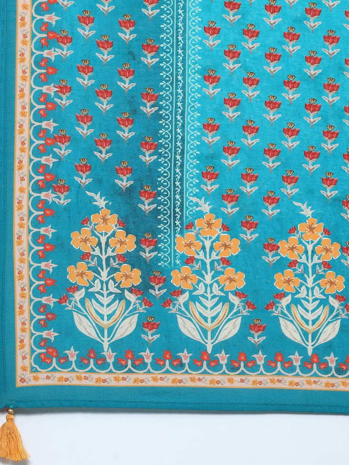Women Teal Ornamental Printed Kurta Trouser Dupatta.