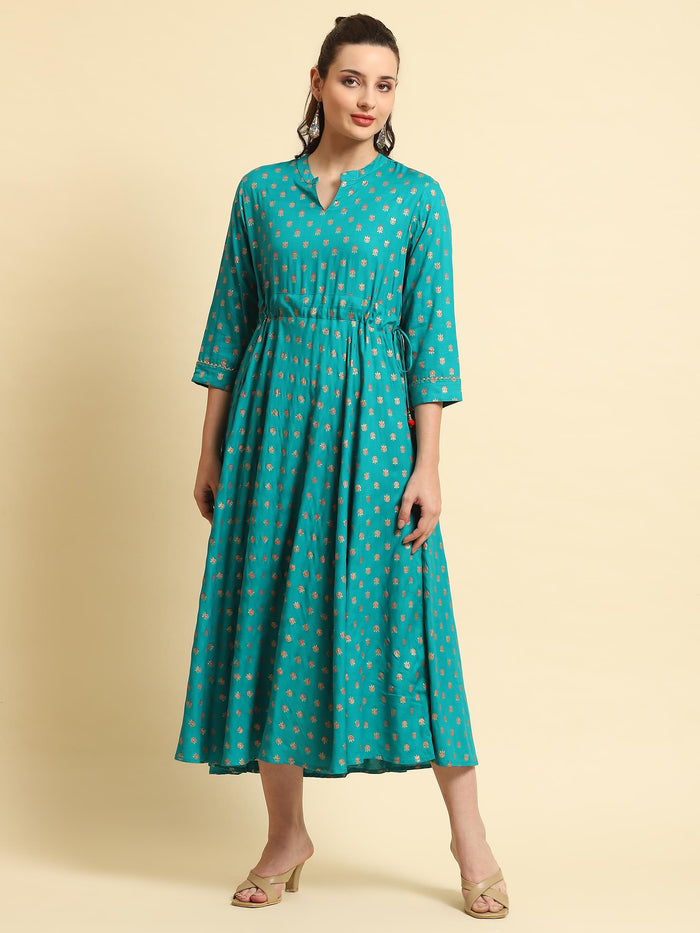 Women Turquoise Blue Floral Printed Dress.