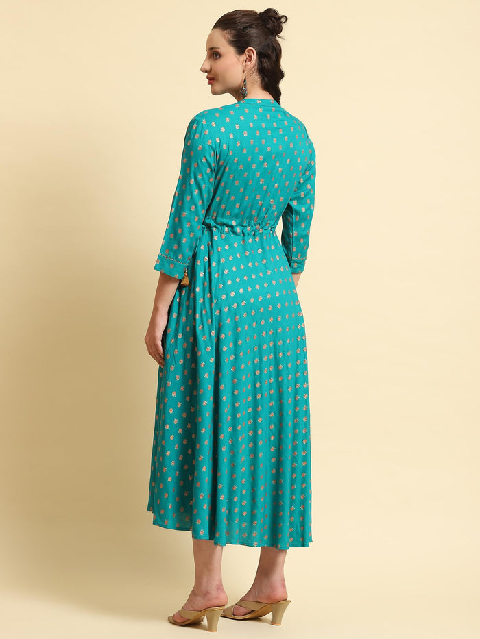 Women Turquoise Blue Floral Printed Dress.