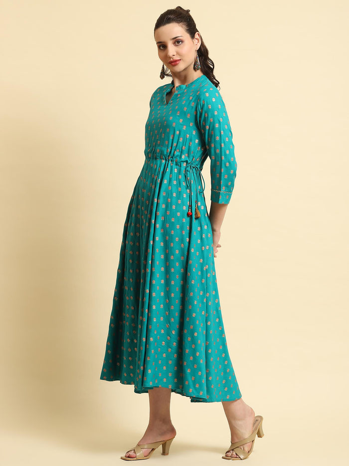 Women Turquoise Blue Floral Printed Dress.