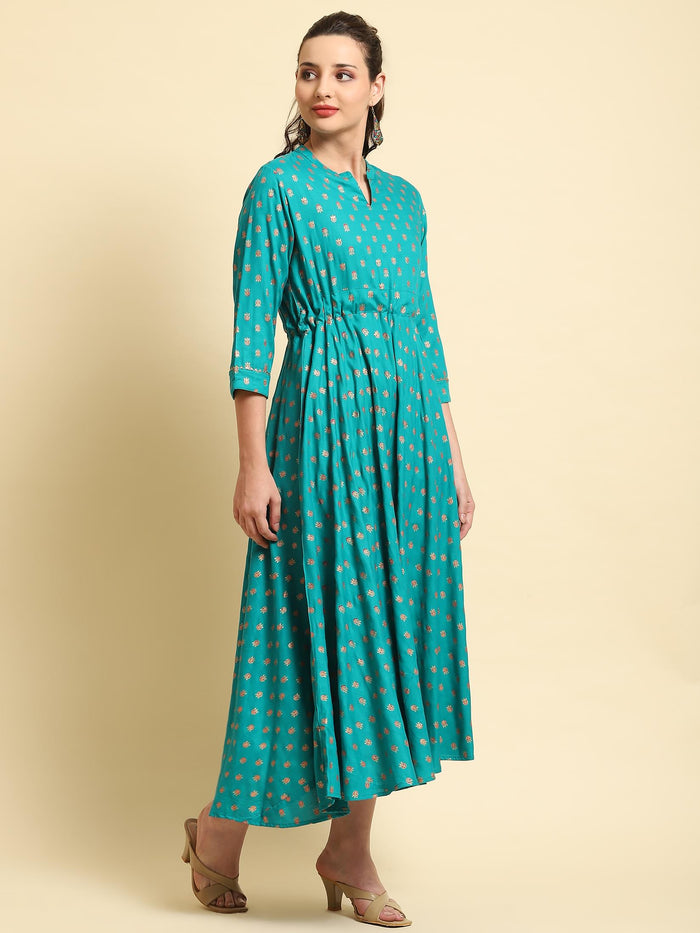Women Turquoise Blue Floral Printed Dress.
