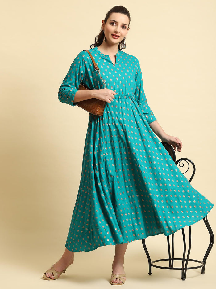 Women Turquoise Blue Floral Printed Dress.
