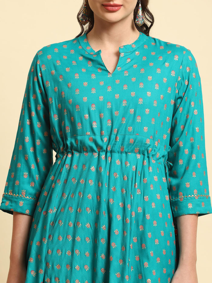 Women Turquoise Blue Floral Printed Dress.