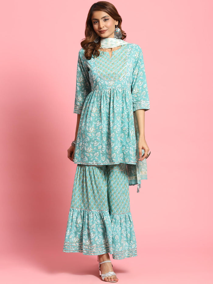 Women Turquoise Blue Floral Printed Kurta Sharara Dupatta.