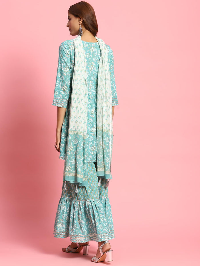 Women Turquoise Blue Floral Printed Kurta Sharara Dupatta.