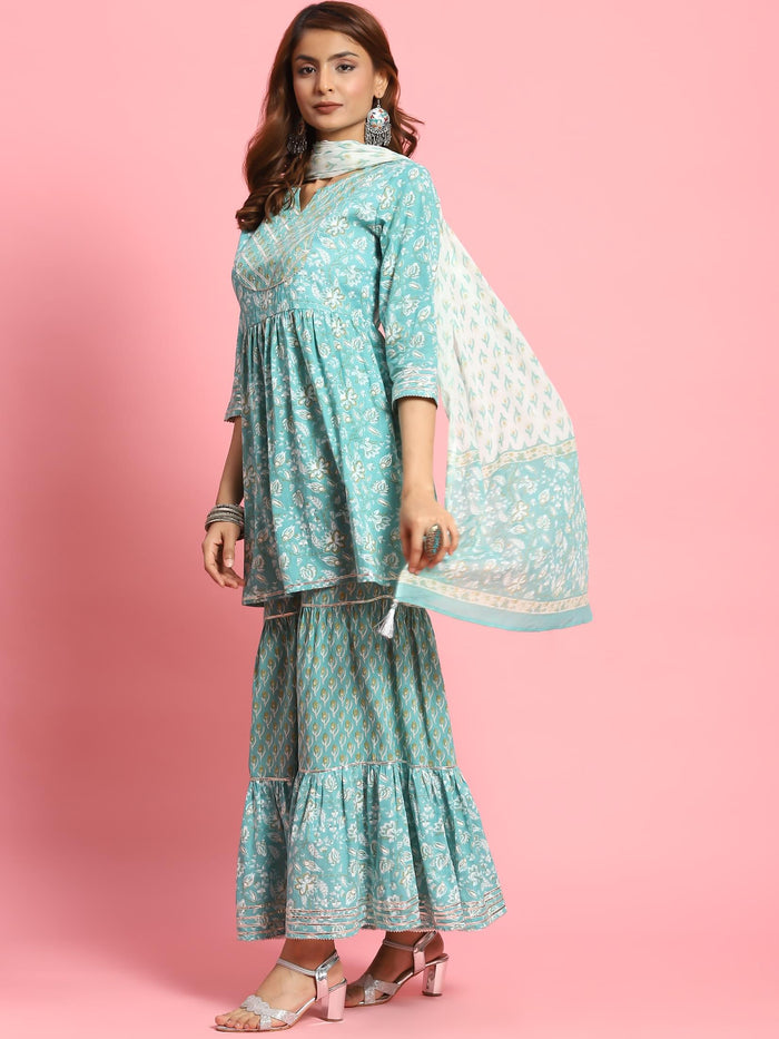 Women Turquoise Blue Floral Printed Kurta Sharara Dupatta.