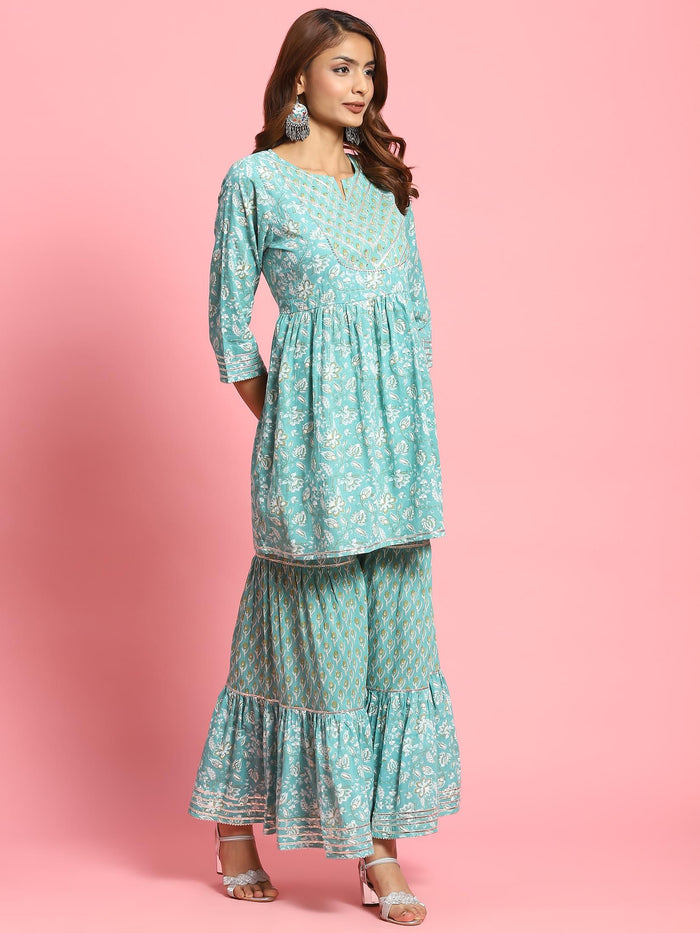 Women Turquoise Blue Floral Printed Kurta Sharara Dupatta.