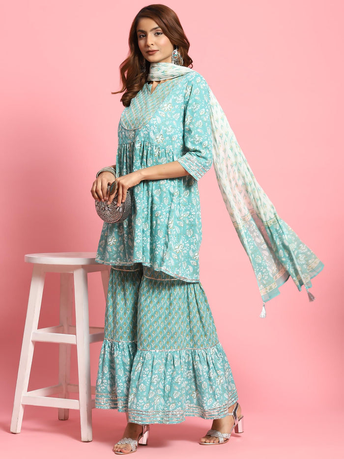 Women Turquoise Blue Floral Printed Kurta Sharara Dupatta.