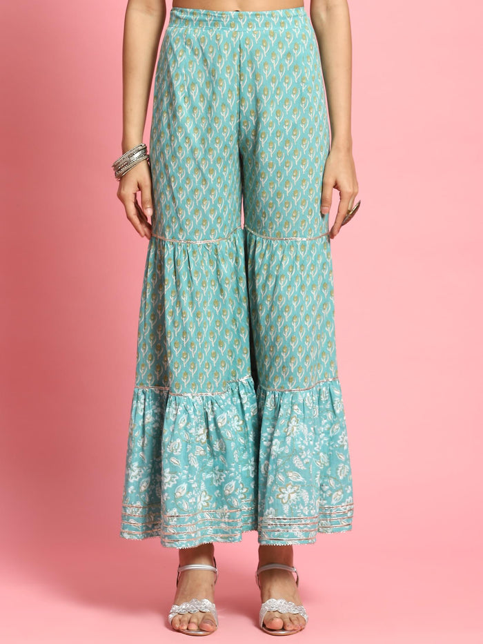 Women Turquoise Blue Floral Printed Kurta Sharara Dupatta.