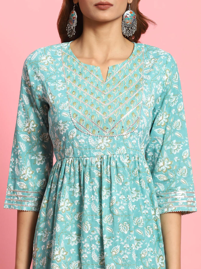 Women Turquoise Blue Floral Printed Kurta Sharara Dupatta.