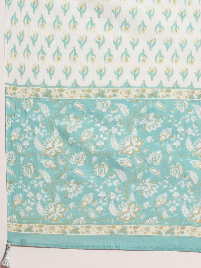 Women Turquoise Blue Floral Printed Kurta Sharara Dupatta.