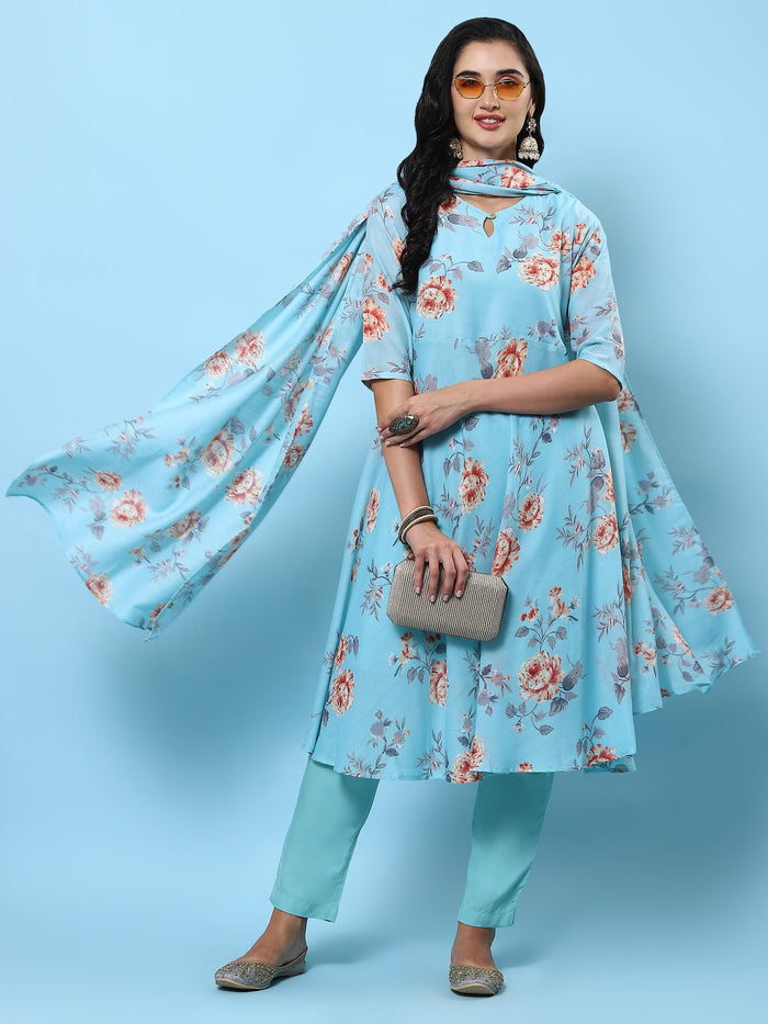 Women Turquoise Blue Floral Printed Kurta Trouser Dupatta.