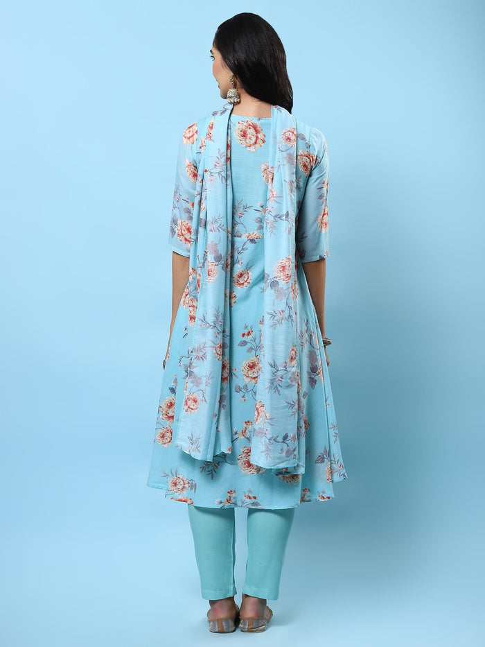 Women Turquoise Blue Floral Printed Kurta Trouser Dupatta.