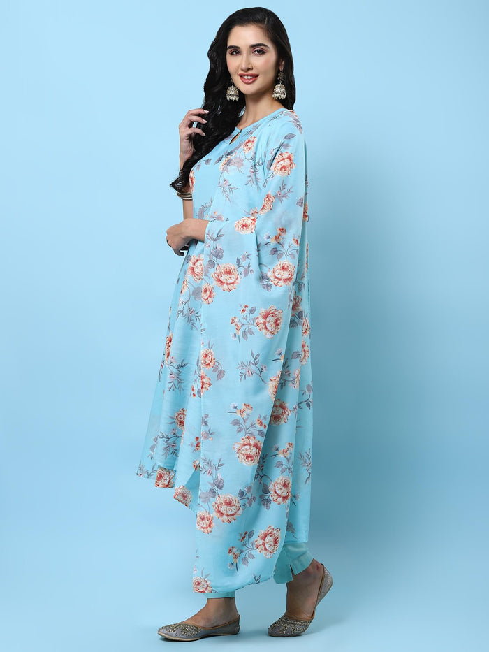 Women Turquoise Blue Floral Printed Kurta Trouser Dupatta.