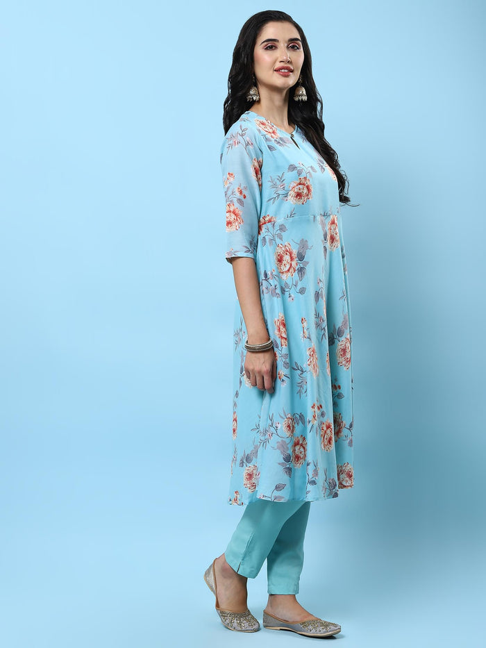 Women Turquoise Blue Floral Printed Kurta Trouser Dupatta.