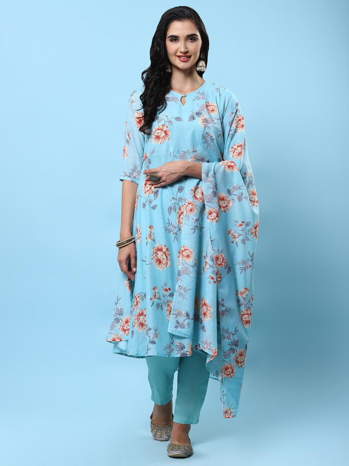 Women Turquoise Blue Floral Printed Kurta Trouser Dupatta.